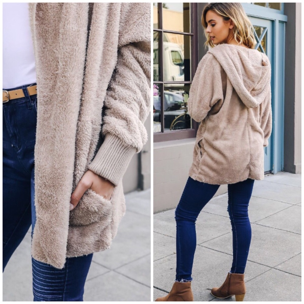 🆕Tory | Plush Open Hooded Coat-Taupe - Picture 3 of 3